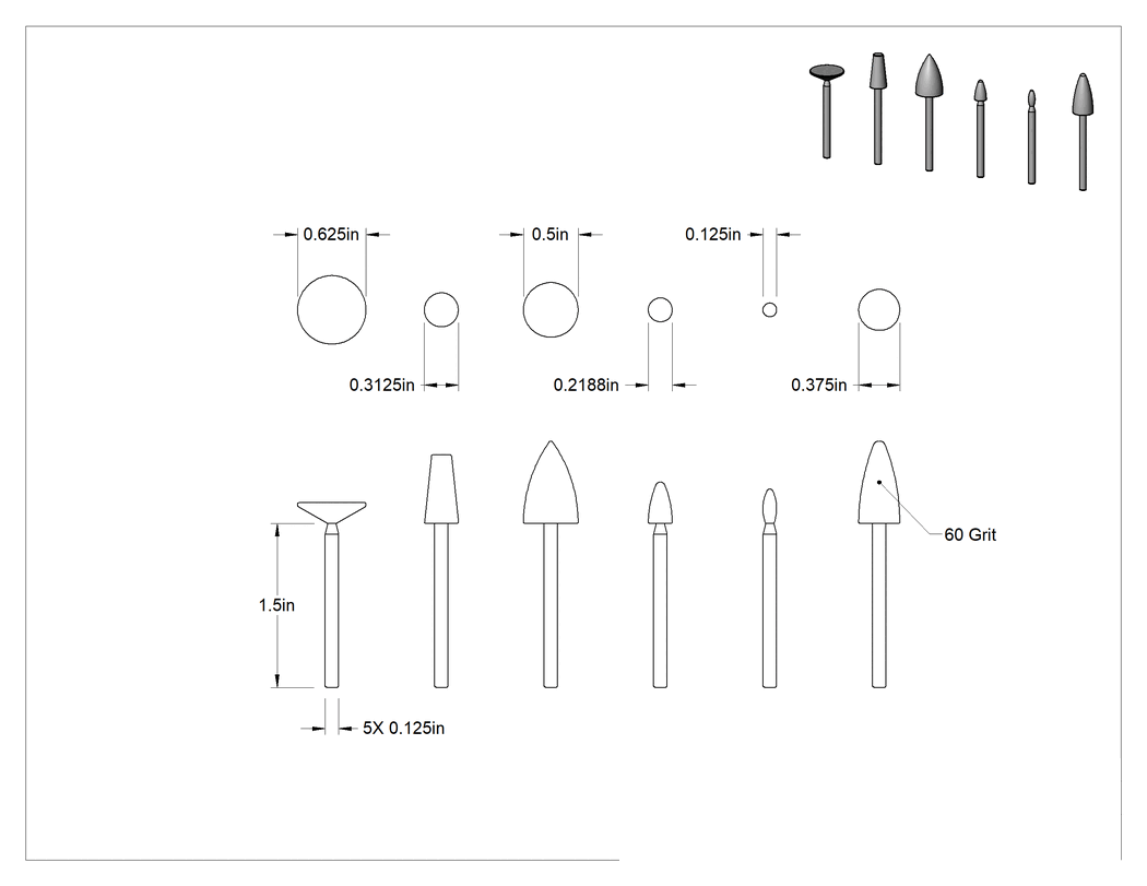 Teknik Çizim - Metaller için Taşlama Ucu Seti, Çelik ve Demir için, 1/8" Şaft Çapı, 12 Parça