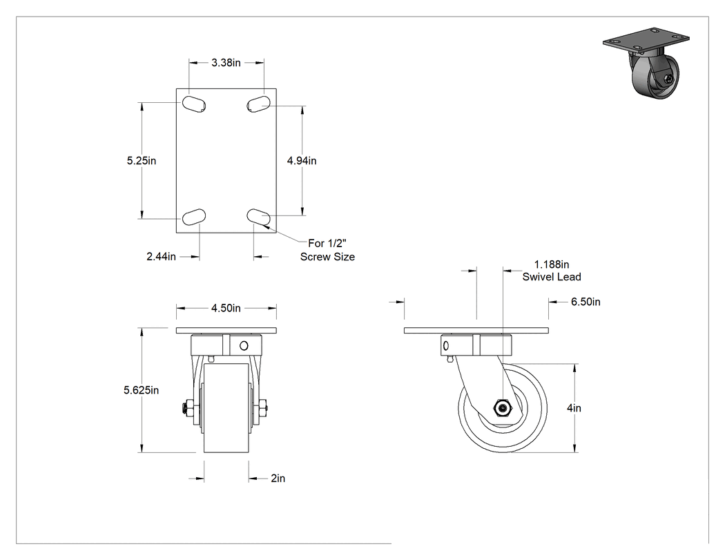 Teknik Çizim - 6-1/2" x 4-1/2" Plakalı Yüksek Kapasiteli Vulcan Tekerlek, 4" Çaplı Metal Tekerlekli Döner
