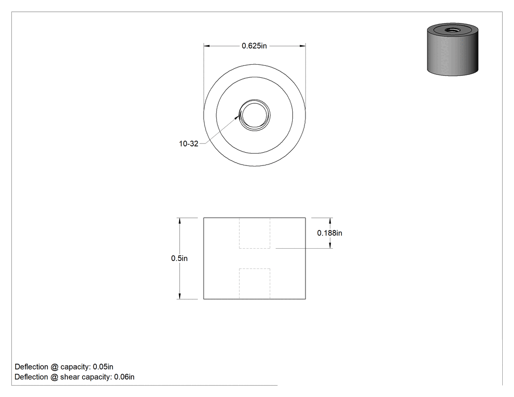 Teknik Çizim - Neopren Titreşim Sönümleyici Sandviç Montaj, 10-32 Dişli Çelik Ek Parçalı, 15 lb Kapasite