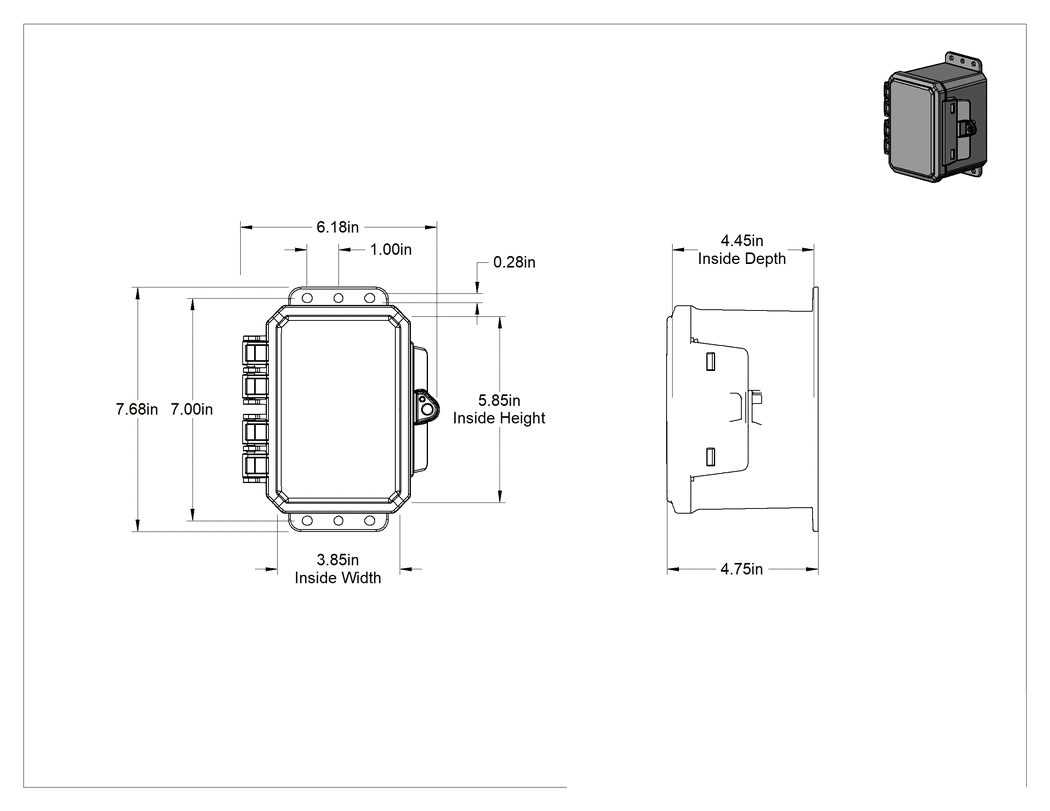 Teknik Çizim - Polikarbonat Su Geçirmez Muhafaza, Menteşeli Kapaklı, 6-1/8" Genişlik x 8" Yükseklik x 4-3/4" Derinlik