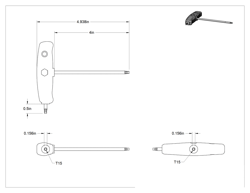 Teknik Çizim - Yüksek Kaldıraçlı Krom Kaplı Çelik T-Kolu Torx Anahtarı, T15 Tahrik Boyutu, 4-15/16" Toplam Uzunluk