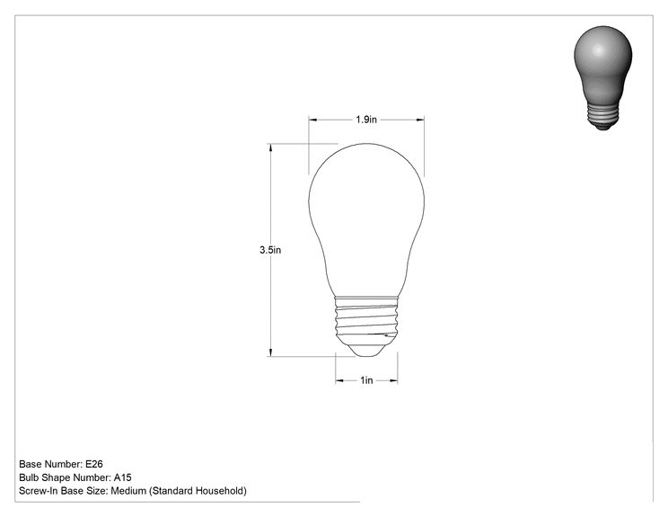 Teknik Çizim - Vidalı Orta Boy Tabanlı Ampul, 40W Eşdeğer Akkor, 2700K, LED, Kısılabilir, Şeffaf