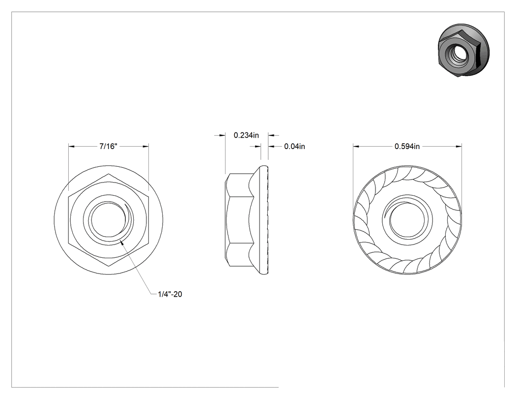 Teknik Çizim - Yüksek Mukavemetli Çelik Tırtıklı Flanşlı Somun, Sınıf 8, 1/4"-20 Diş Boyutu