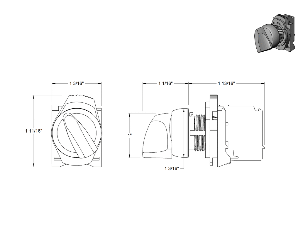 Teknik Çizim - 22 mm Panel Montajlı Anahtar, Kalıcı Konumlu, SPST-NC
