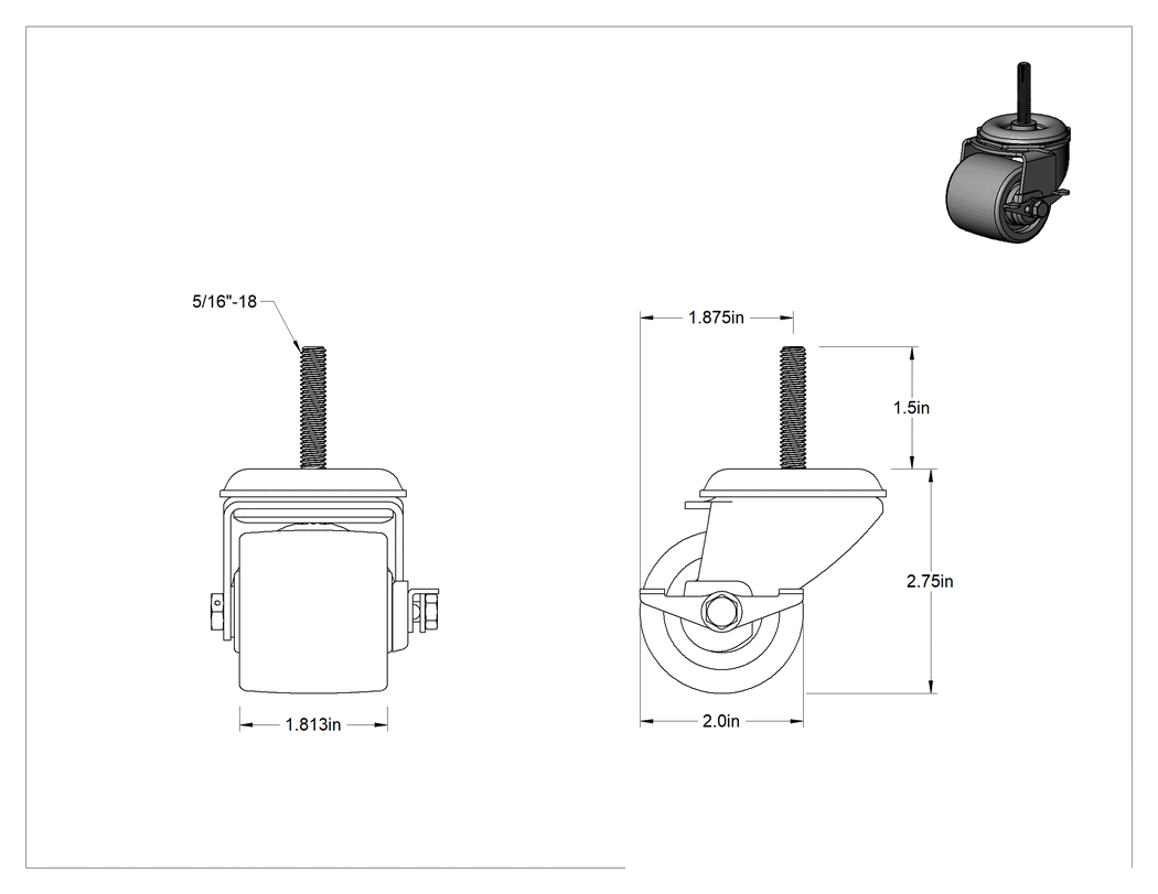 Teknik Çizim - Dişli Saplı Döner Tekerlek, Fren, 5/16"-18, 2" Çaplı Polipropilen Tekerlek, 1.5" Uzunluk