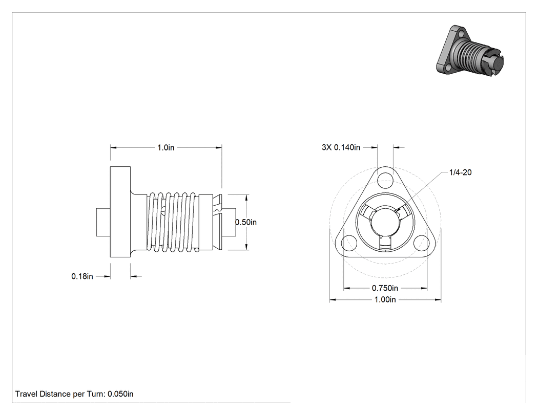 Teknik Çizim - Ultra Hassas Kılavuz Vida için Yaylı 1/4"-20 Diş Boyutu Flanşlı Somun