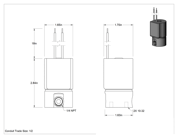 Teknik Çizim - Yiyecek ve İçecek için Solenoid Valf, Kablolu Bağlantılı, 12V DC, 1/4 NPT Dişi, 250 PSI