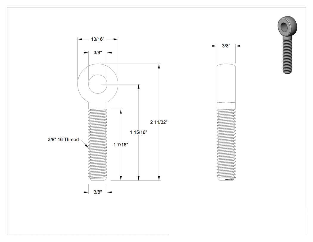 Teknik Çizim - Tam Gijon Ucu Cıvatası, Sağ Yönlü 3/8"-16 Şaft, 1-15/16" Şaft Merkez Uzunluğu