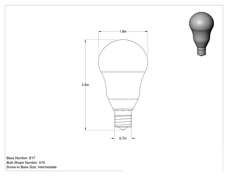 Teknik Çizim - Ampul, A15, Ara Taban, 120V, 8.3W, LED