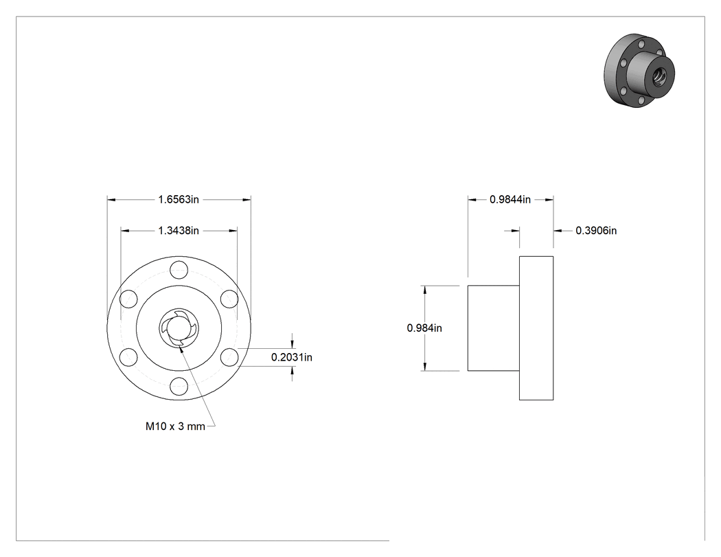Teknik Çizim - Hızlı Hareketli Ultra Hassas Kılavuz Vida için M10 x 3 mm Dişli Flanşlı Somun