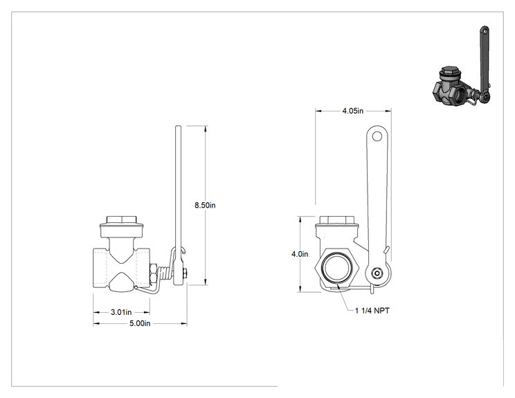 Teknik Çizim - Pirinç Gövde ve Sürgülü Kademeli Açma/Kapama Vanası, Yaylı Kapatma Kolu, 1-1/4 NPT Dişi