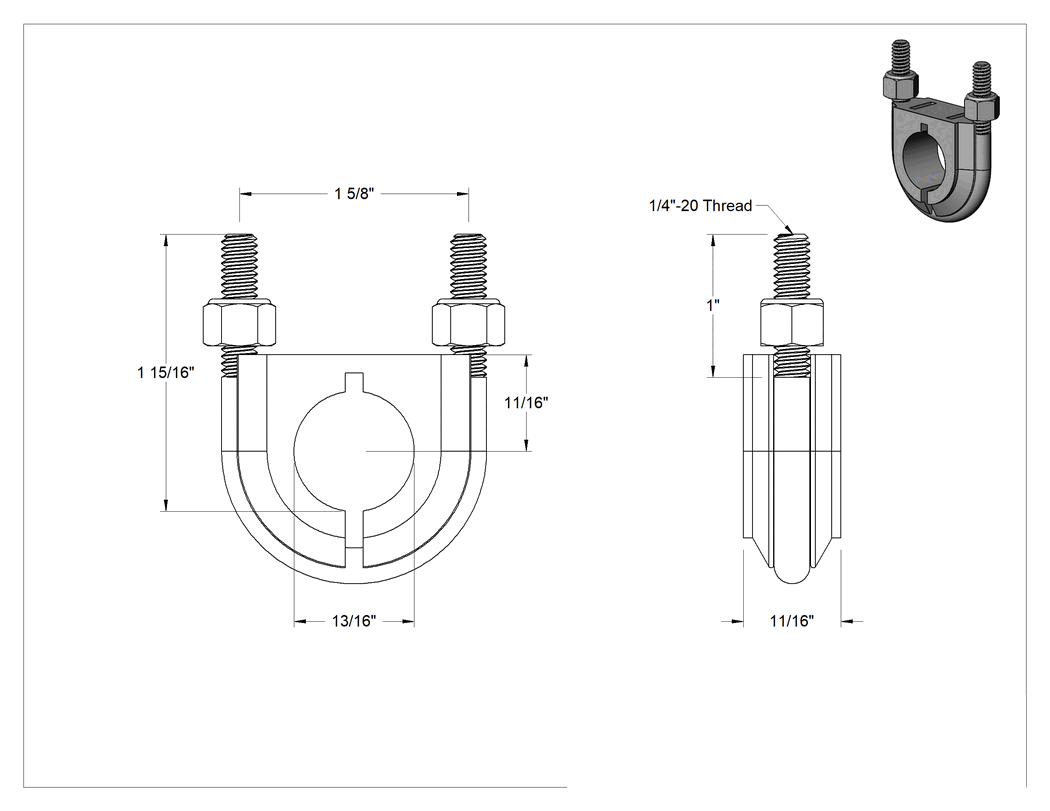 Teknik Çizim - Titreşim Sönümleyici U Cıvatası, 316 Paslanmaz Çelik, 1/4"-20 Diş, 13/16" İç Çap,-50° ila 275°F