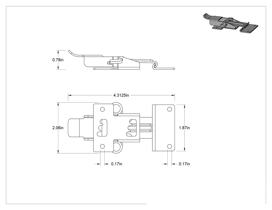 Teknik Çizim - Çinko Kaplı Çelik Çekme Mandalı, 4-5/16" Uzunluk x 2-1/16" Genişlik