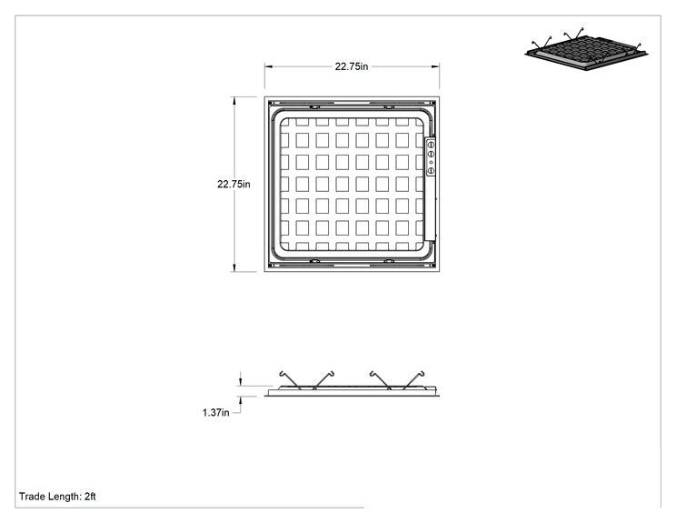 Teknik Çizim - Yenileme Gömme Tavan Işığı, 22-3/4" Uzunluk x 22-3/4" Genişlik x 1-3/8" Toplam Yükseklik