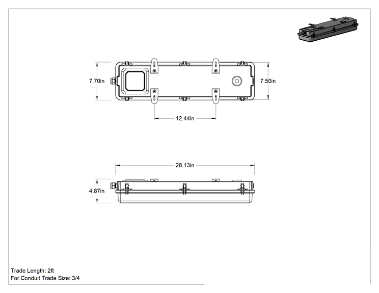 Teknik Çizim - Dahili LED'li Yıkanabilir Tavan Işığı, ABD'de Üretilmiştir, Yedek Pilli, 28-1/8" Toplam Uzunluk