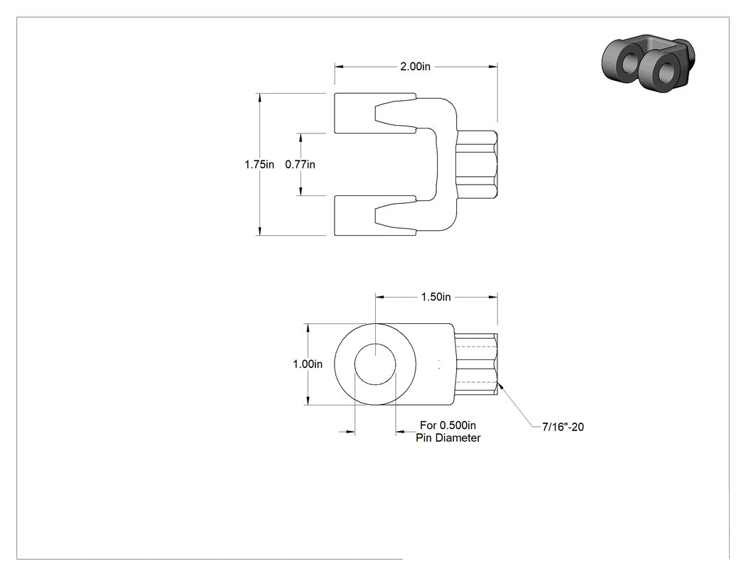 Teknik Çizim - Hidrolik Silindirler için Paslanmaz Çelik Çatal Çubuk Ucu, 1/2" Pim Çapı için