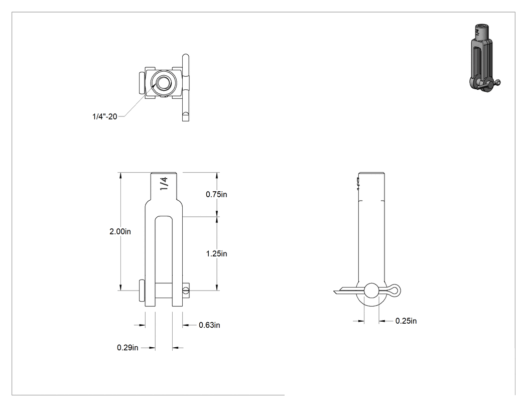 Teknik Çizim - Çatal Çubuk Ucu, Paslanma ve Aşınmaya Dayanıklı, 316 Paslanmaz Çelik, 1/4"-20 Diş
