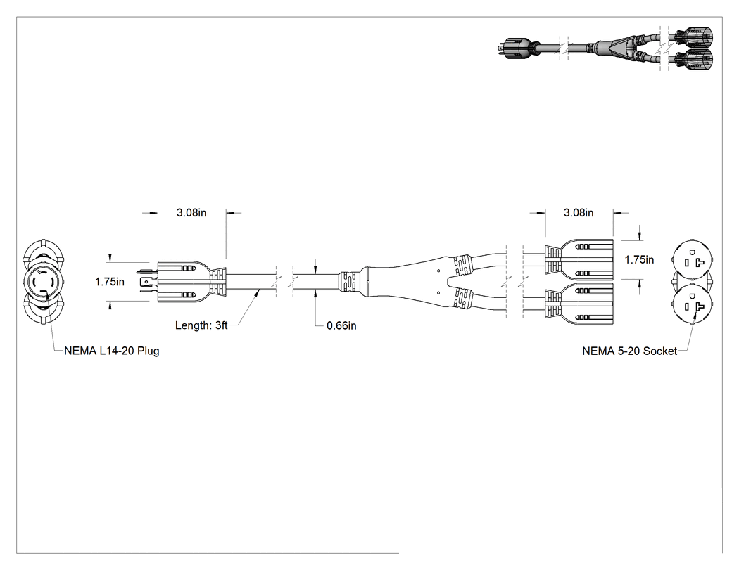 Teknik Çizim - NEMA L14-20 Fiş x NEMA 5-20 Priz Adaptörü