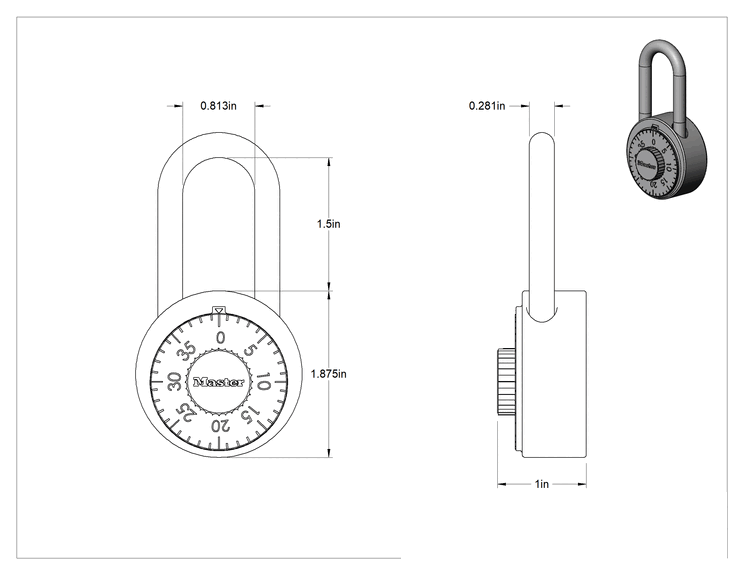 Teknik Çizim - Kombinasyon Asma Kilit, Master Lock 1500, 1-1/2" Dikey Mapa Açıklığı