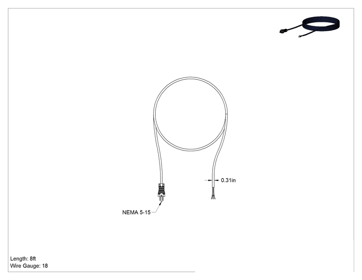 Teknik Çizim - Sure-Grip Güç Kabloları, Sure-Grip, NEMA 5-15 Fiş, 8' Uzunluk