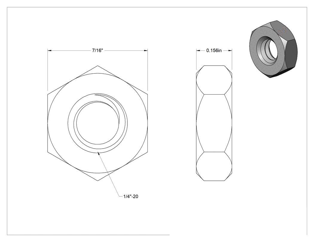 Teknik Çizim - Titanyum İnce Profilli Altıköşe Somun, 1/4"-20 Diş Boyutu