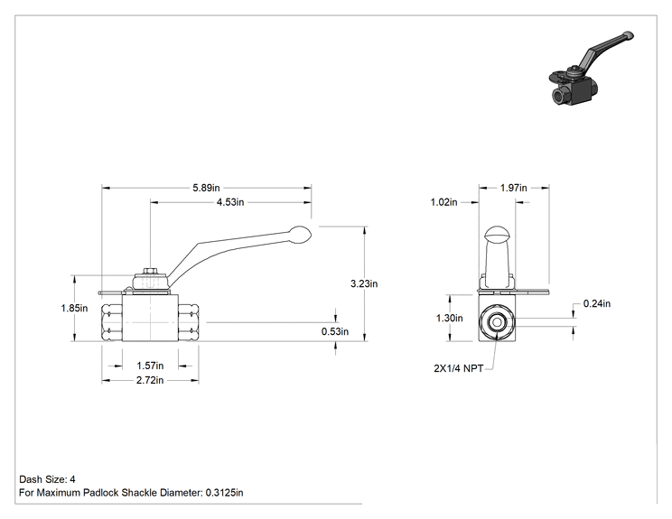 Teknik Çizim - Kilitlenebilir Açma/Kapama Hat Üstü Hidrolik Valf, 1/4 NPT Dişi Giriş ve Çıkış