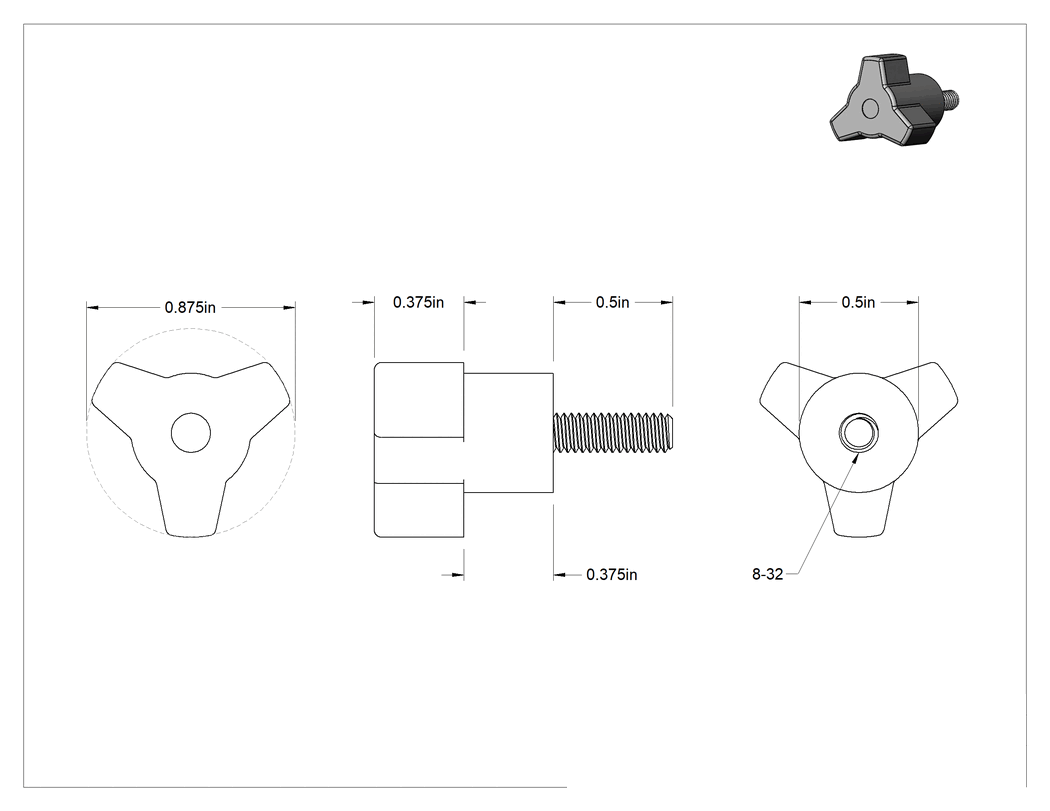 Teknik Çizim - Plastik Üç Kollu Düğme, 8-32 Diş x 1/2" Uzunlukta Çelik Saplama, 7/8" Çaplı Başlık