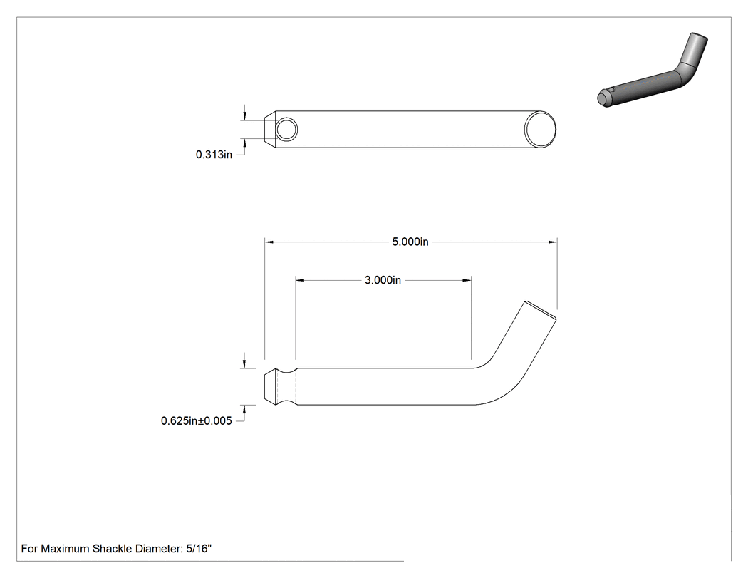 Teknik Çizim - Asma Kilitli Eğik Başlı Çatal Pim, 5/8" Çap, 3" Kullanılabilir Uzunluk