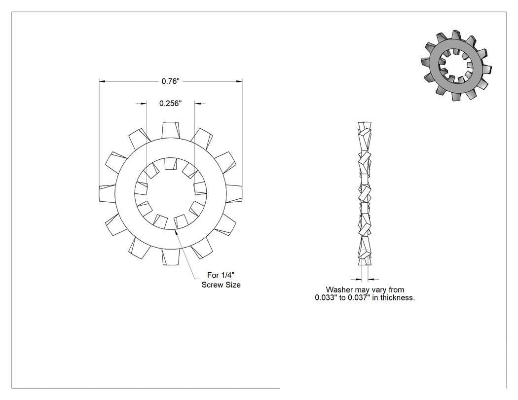 Teknik Çizim - Çelik İç ve Dış Dişli Kilit Pulları, Siyah Oksit, 1/4" Vida Boyutu için