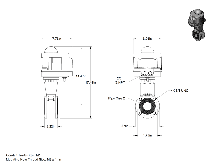 Teknik Çizim - Flanşlı Motor Tahrikli Açma/Kapama Vanası, Kimyasallar için, 24V AC/DC, 2 Boru Boyutu