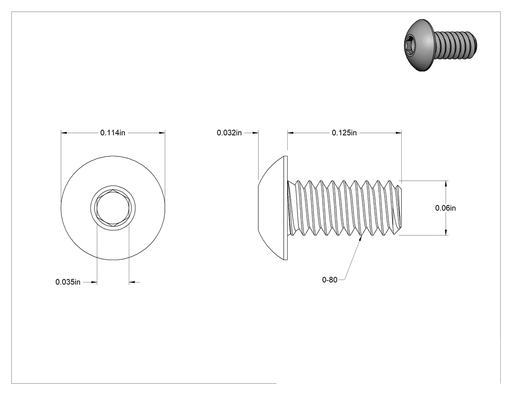 Teknik Çizim - 18-8 Paslanmaz Çelik Düğme Başlı Altıgen Soketli Vida, 0-80 Diş Boyutu, 1/8" Uzunluk