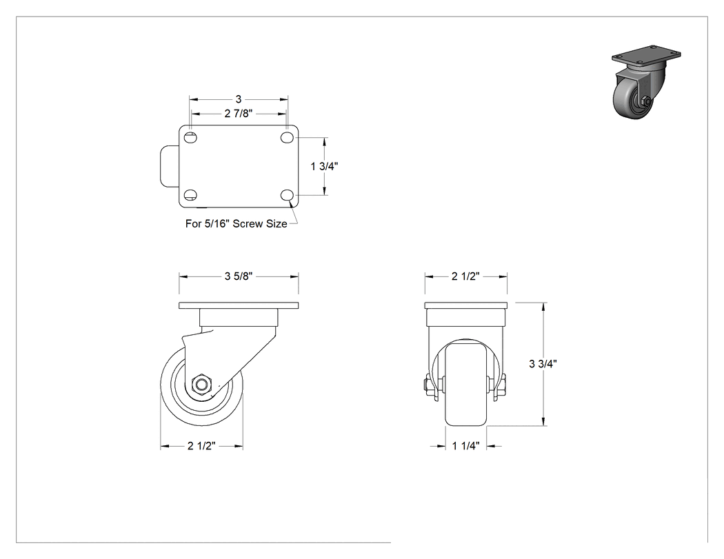 Teknik Çizim - Creston Tekerlek, Döner, 2-1/2" Çapında Tekerlek, 3-5/8" x 2-1/2" Montaj Plakası