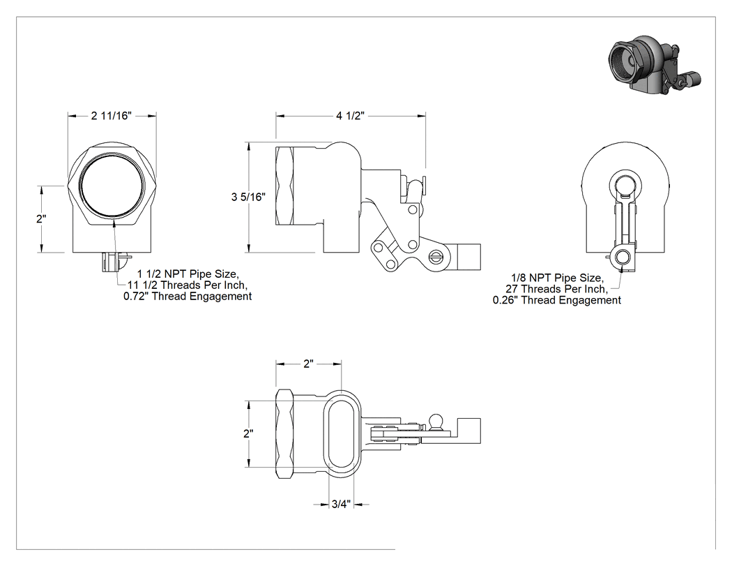 Teknik Çizim - Su için Şamandıralı Vana Gövdesi, Floroelastomer Conta, Dönen Piston, 1-1/2 Giriş