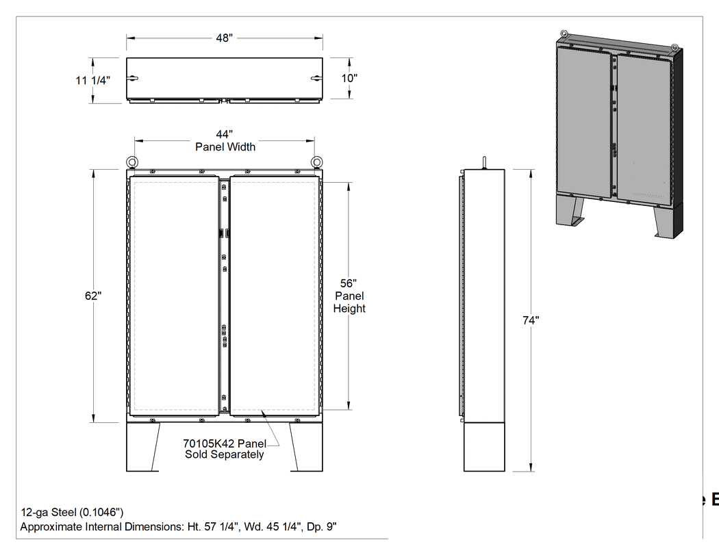 Teknik Çizim - Zemin Standlı Muhafaza, Su Geçirmez, 48" Genişlik x 62" Yükseklik x 10" Derinlik