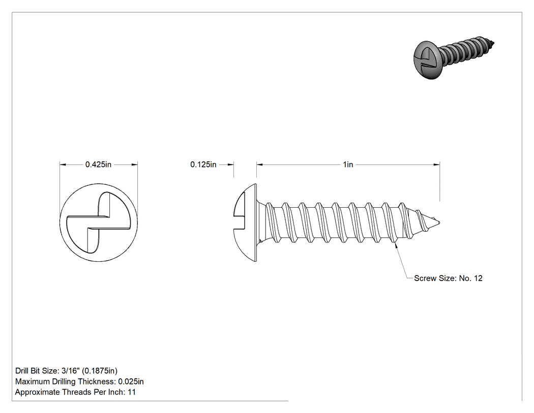 Teknik Çizim - 18-8 Paslanmaz Çelik Sac Metal için Tek Yönlü Vidalar, Yuvarlak Başlı, 12 Numaralı Boyut, 1" Uzunluk