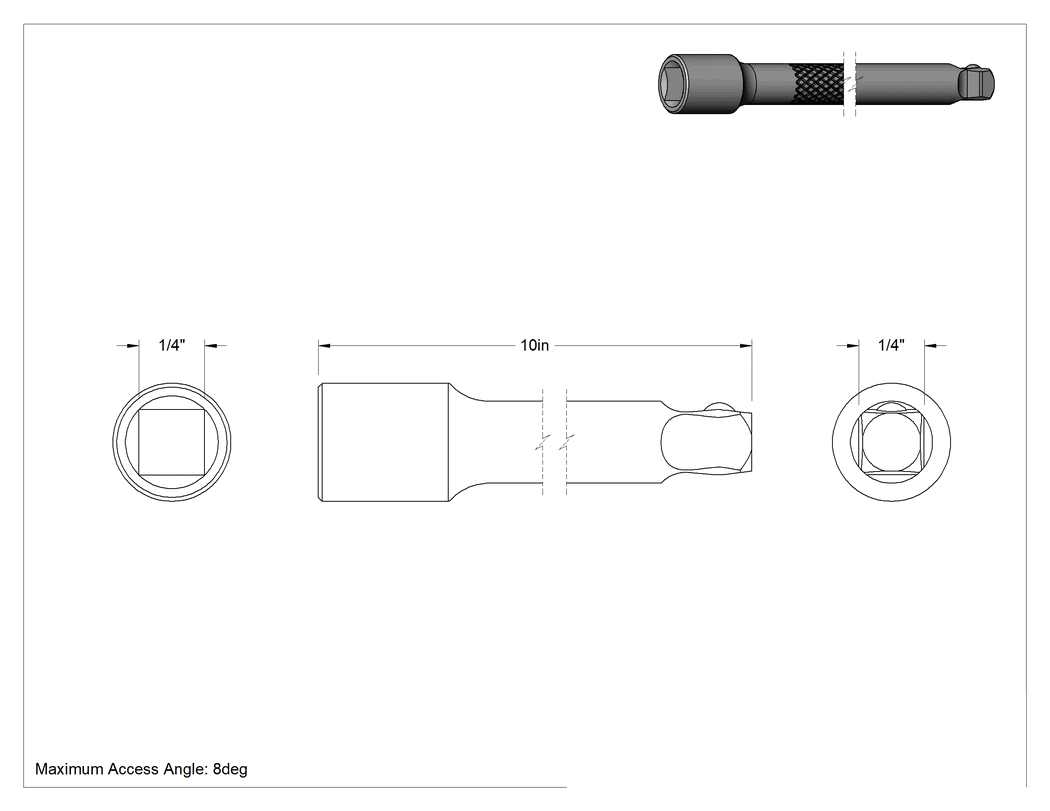 Teknik Çizim - Sallantılı Soket Uzatma, 1/4" Kare Tahrik, 10" Uzunluk