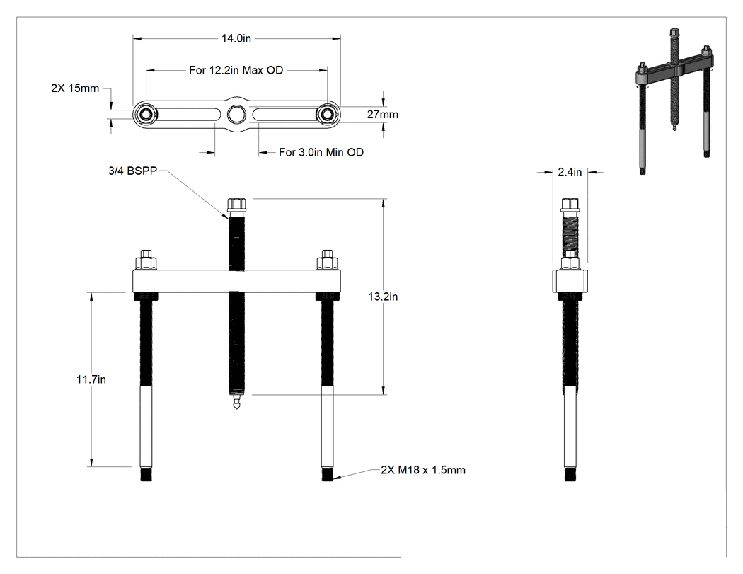 Teknik Çizim - Yüz Tutuşlu Çekici, 3" ila 12" Dış Çap için