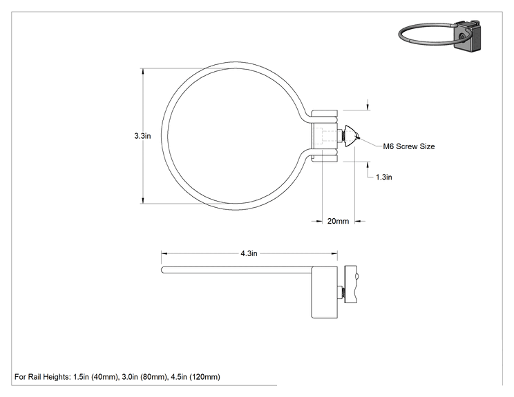 Teknik Çizim - T-Yivli Çerçeve, 1-1/2 inç ve 40 mm Yüksekliğinde Tek Raylı Halka Tipi Alet Tutucu