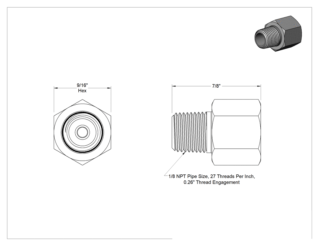 Teknik Çizim - Kompakt Dişli Çekvalf, 303 Paslanmaz Çelik Gövde, 1/8 NPT Erkek x 1/8 NPT Dişi