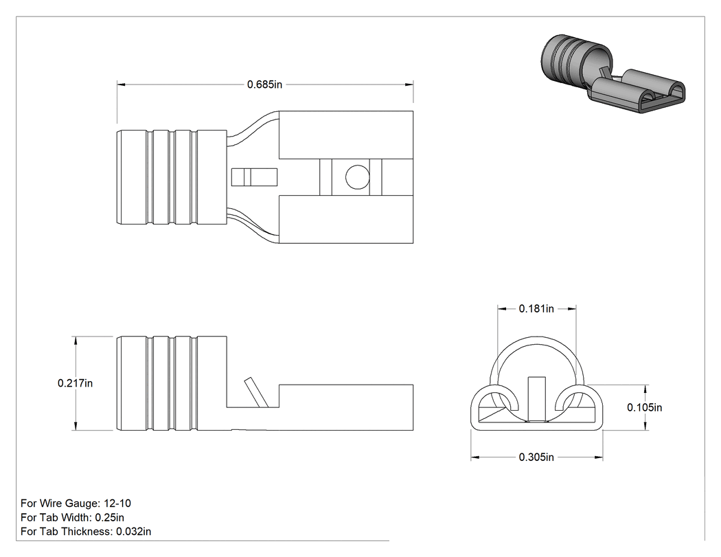 Teknik Çizim - Yalıtımsız Faston Terminaller, Dişli, Tek Sıkma, 12-10 AWG için, Kalay Kaplı Pirinç