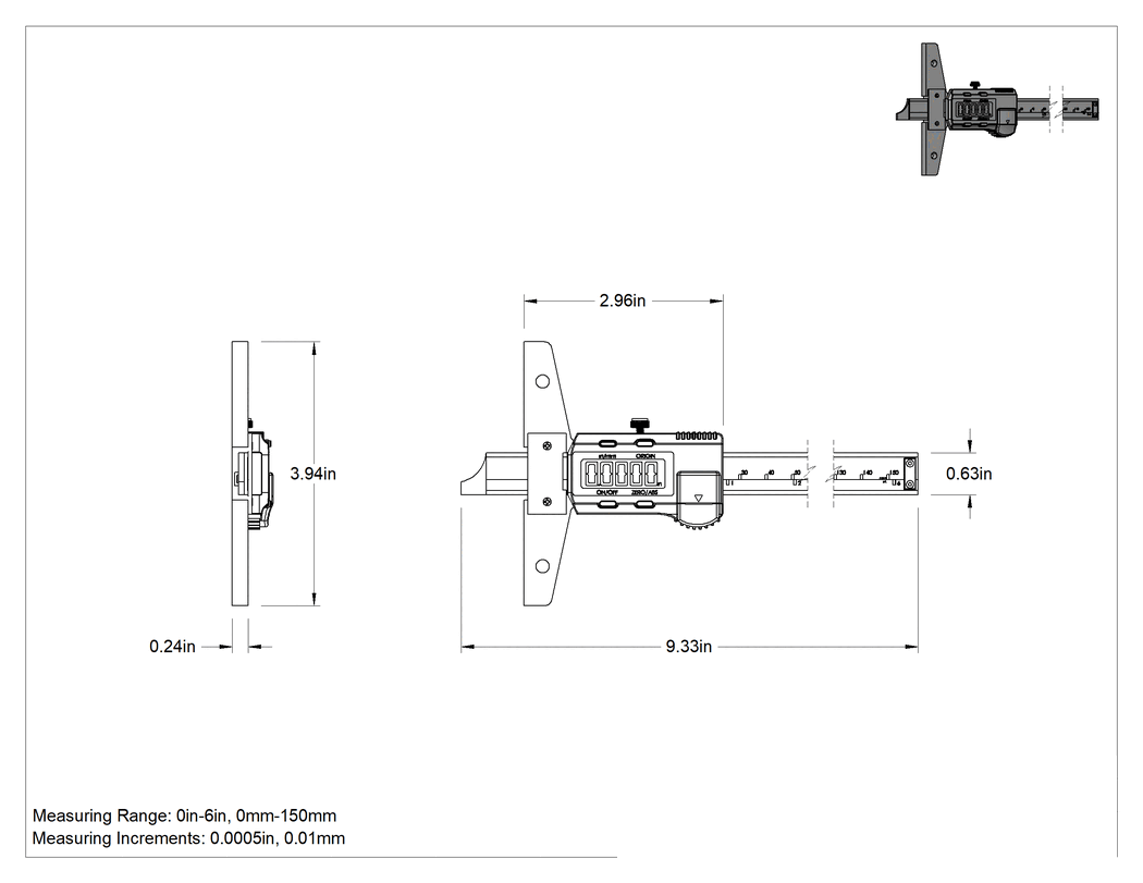 Teknik Çizim - Mitutoyo Elektronik Derinlik Ölçer, NIST Sertifikalı, Model, 571-211-30, 9-1/4" Toplam Yükseklik