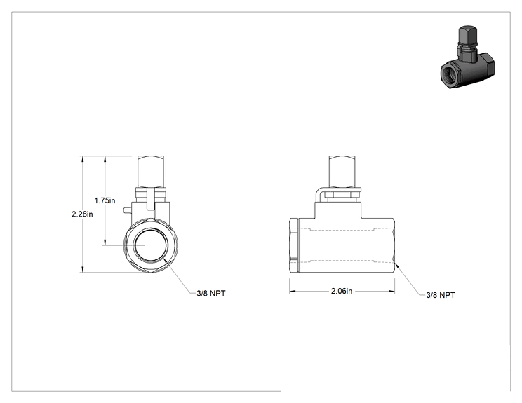 Teknik Çizim - Dişli Açma/Kapama Vanası, Anahtarla Çalışan, Bronz, 3/8 NPT Dişi