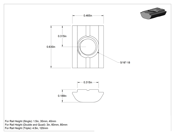 Teknik Çizim - Takılabilir T-Yivli Çerçeve Bağlantı Elemanları, 5/16"-18 1.5" için Kendinden Hizalamalı Somun, 30 ve 40 mm Ray