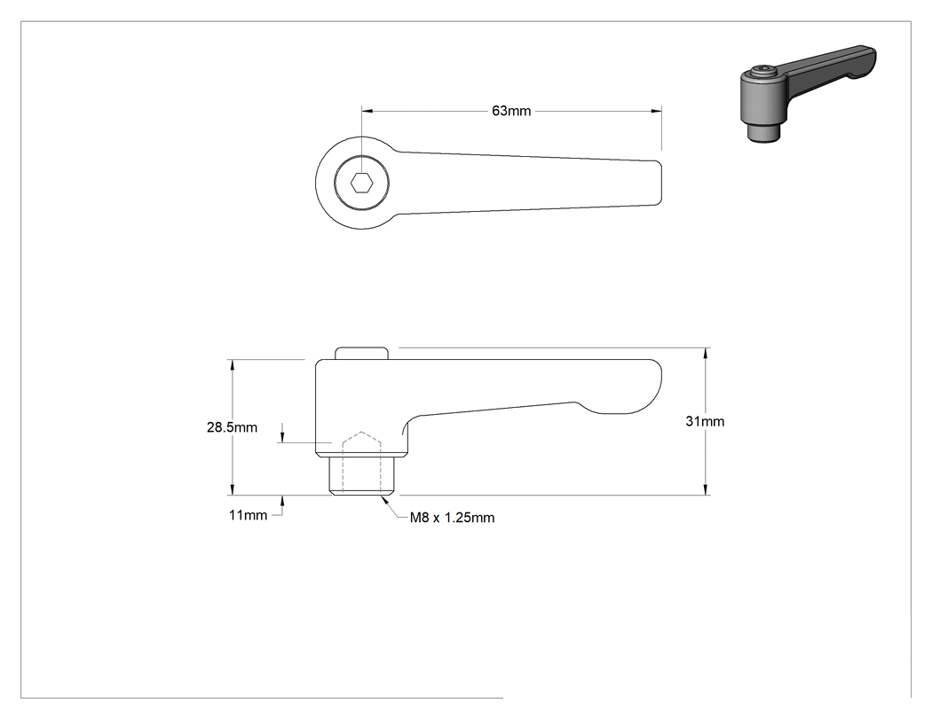 Teknik Çizim - Düşük Profilli Ayarlanabilir Tutamak, M8x1.25 mm Dişli Delikli, Siyah Naylon
