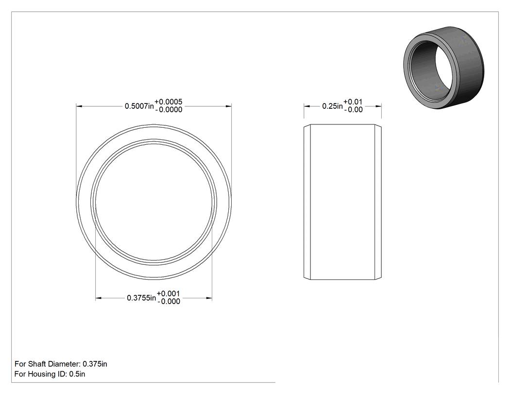 Teknik Çizim - Kuru Çalışmalı Metal Takviyeli PTFE Burçlu Yatak, 17-4 PH Paslanmaz Çelik Gövde, 3/8" Mil Çapı, 1/4" Uzunluk