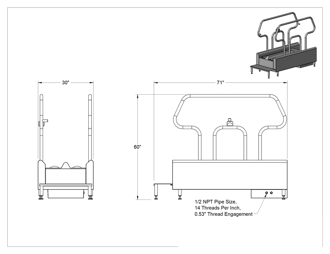 Teknik Çizim - Ayakkabı Yıkama İstasyonu, Alt Fırçalı, 60" Yükseklik x 30" Genişlik x 71" Uzunluk
