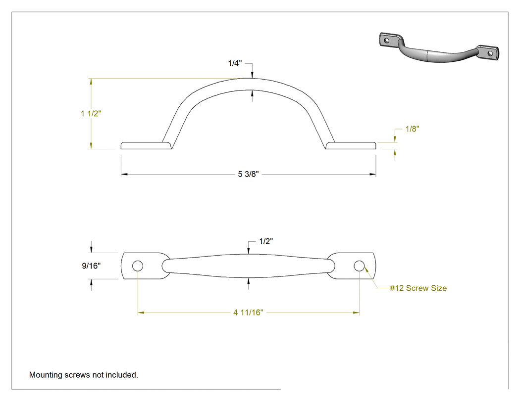 Teknik Çizim - Dişsiz Delikli Oval Çekme Kolu, Mat Çelik, 4-11/16" Merkezden Merkeze Genişlik
