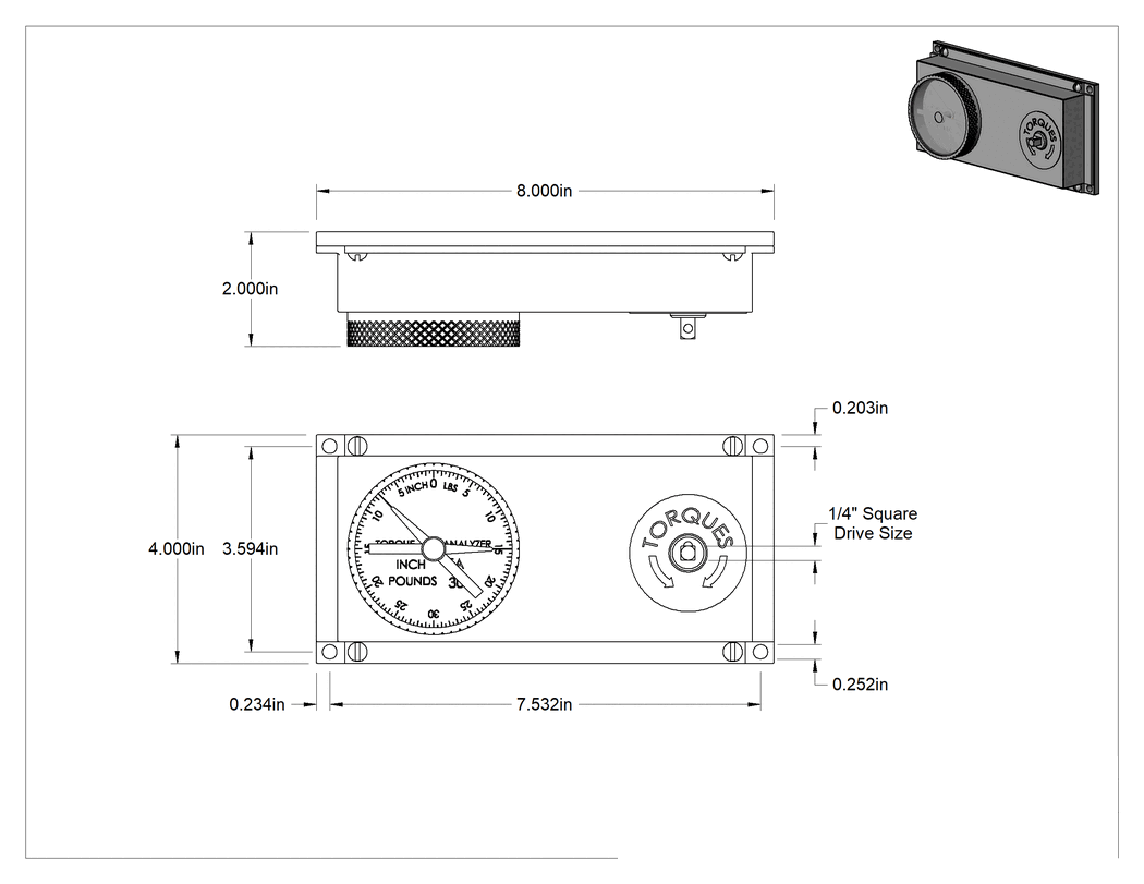 Teknik Çizim - Kare Tahrikli Tork Aleti Ölçer, 1/4" Kare Tahrik Boyutu, 6 ila 30 inç-lb Tork Aralığı
