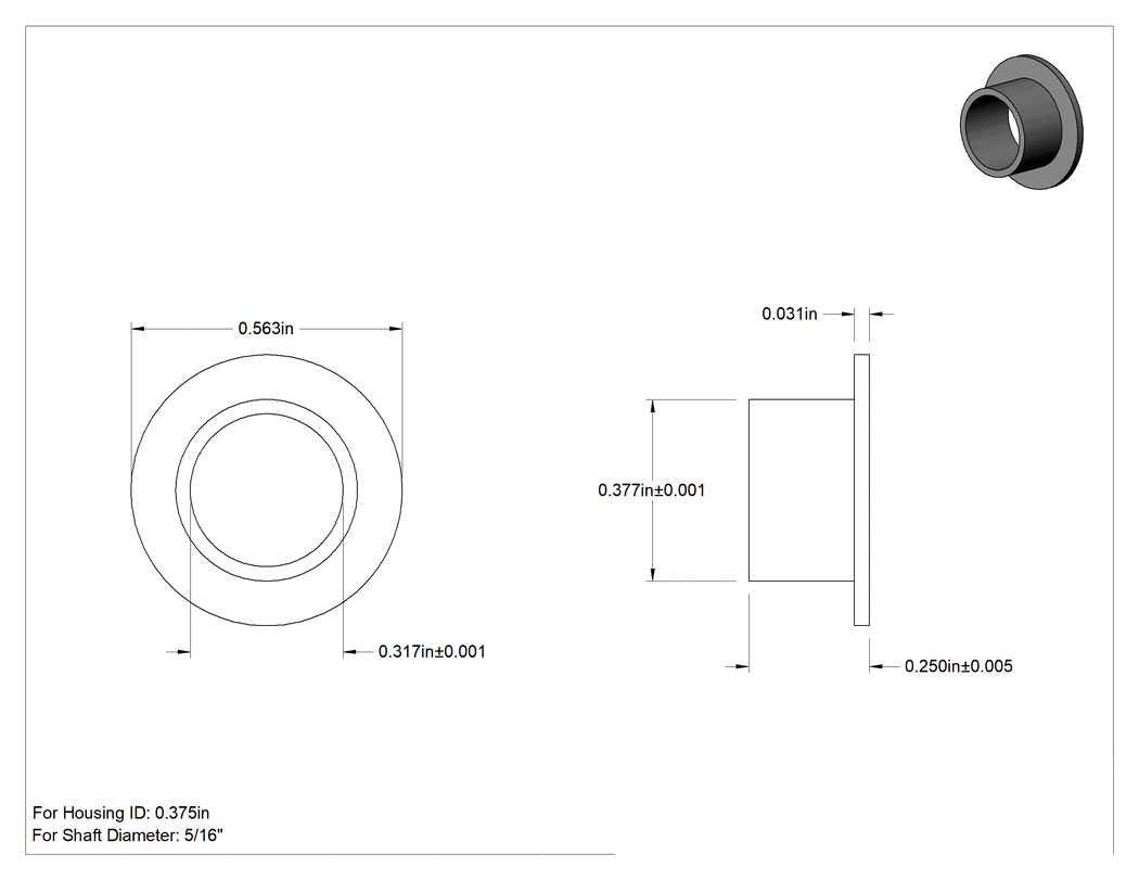Teknik Çizim - Gıda ve İçecek Sektörü için Kuru Çalışan Burçlu Yatak, Flanşlı, Rulon 641, 5/16" Mil Çapı için, 1/4" Uzunluk