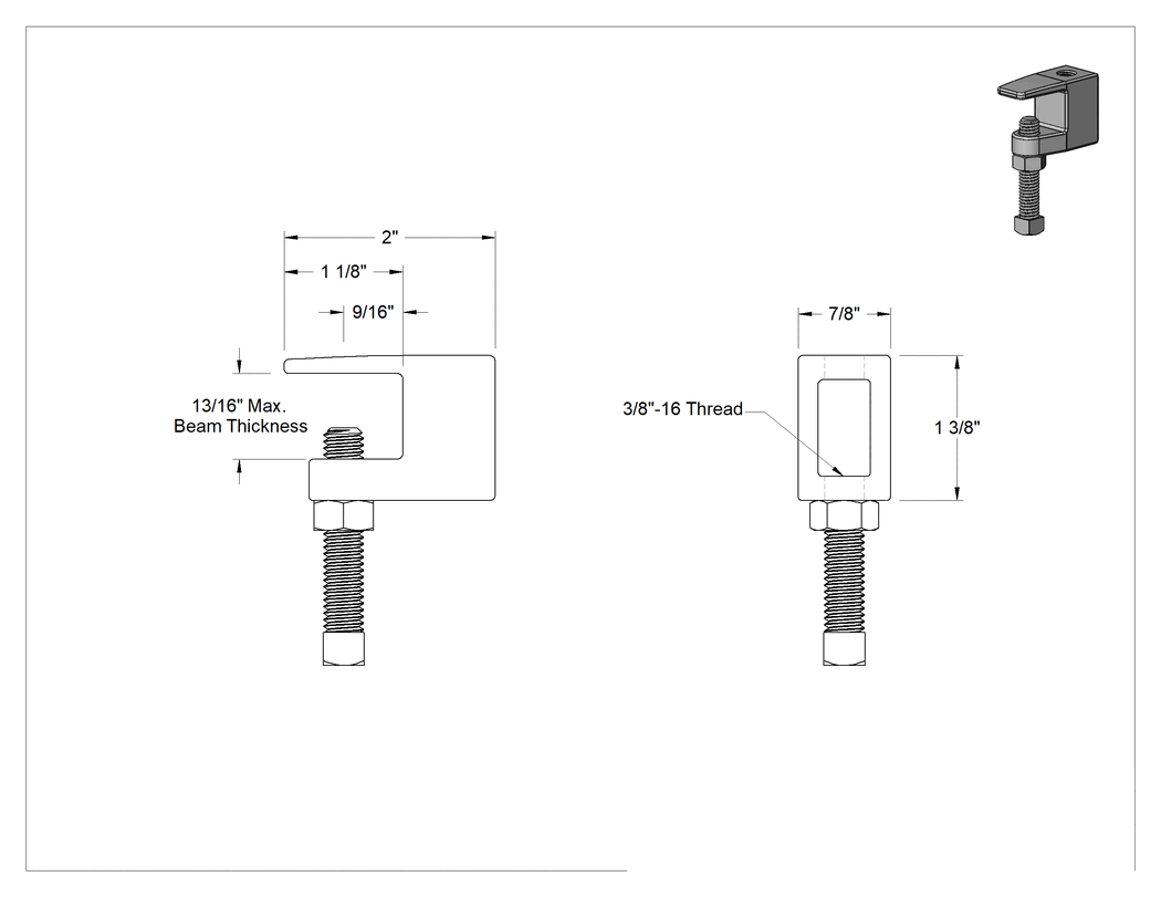 Teknik Çizim - Gijon için Kiriş Kelepçesi, Alttan/Üstten Montaj, 3/8"-16 Çubuk Boyutu ve 13/16" Kiriş Kalınlığı için
